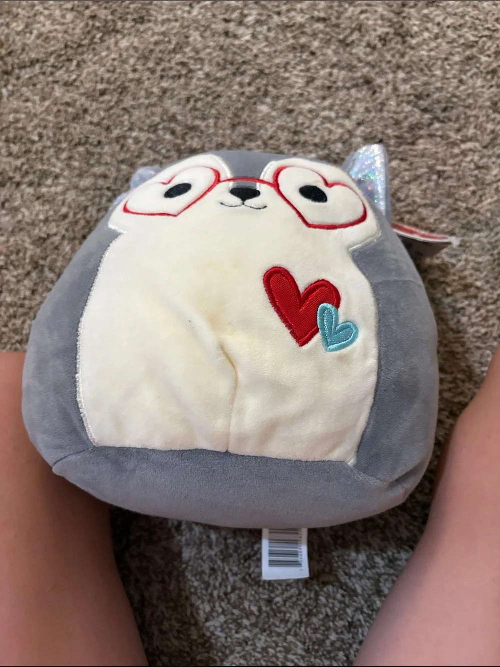 Squishmallows Gray and Cream Owl Plush with Red and Teal Heart Accents
